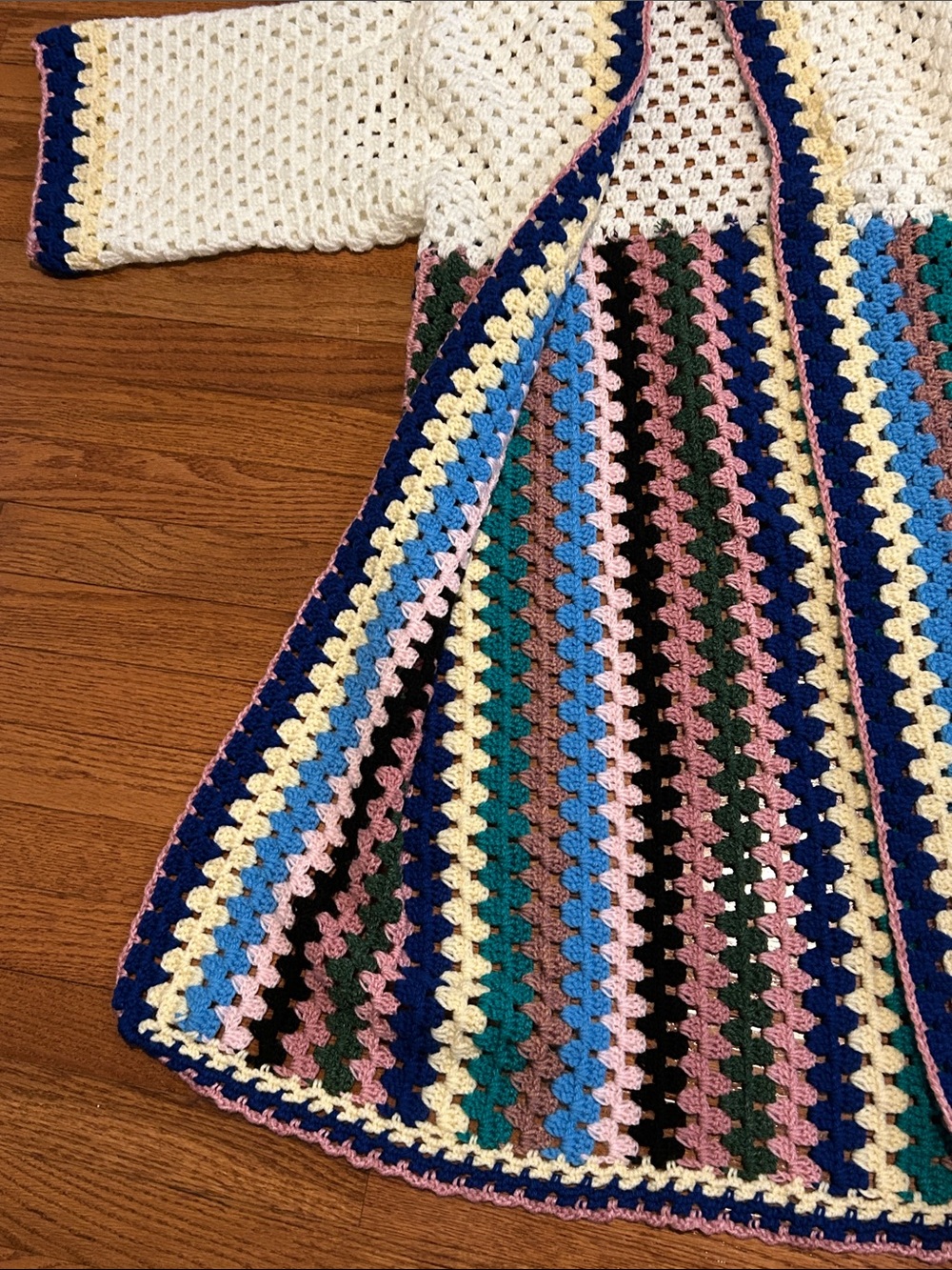 Handmade Crochet Long Cardigan White with Multicolor Stripes Perfect for summer - Picture 3 of 4
